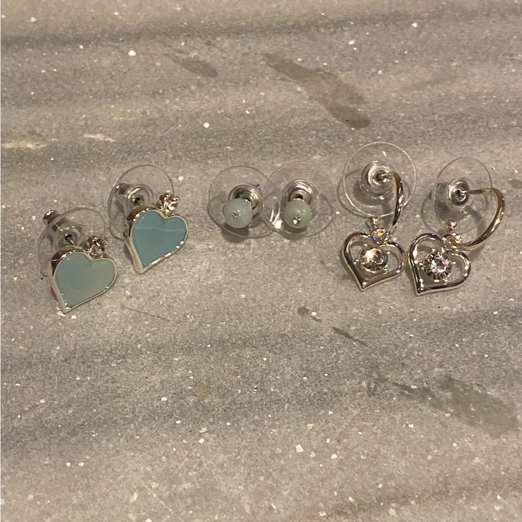 Bn Elegant 3 Pair Heart Earrings Set In Silver, Cubic Zirconia, Jade Stone